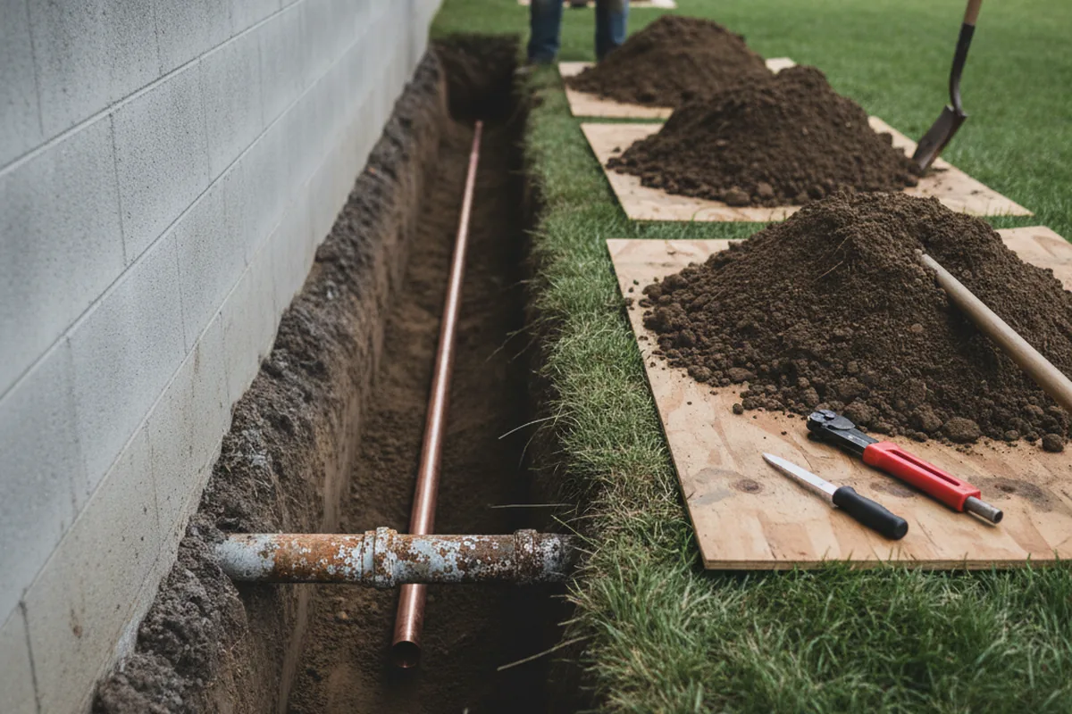 Excavated water line trench during Sewer Line Repair in Hancock